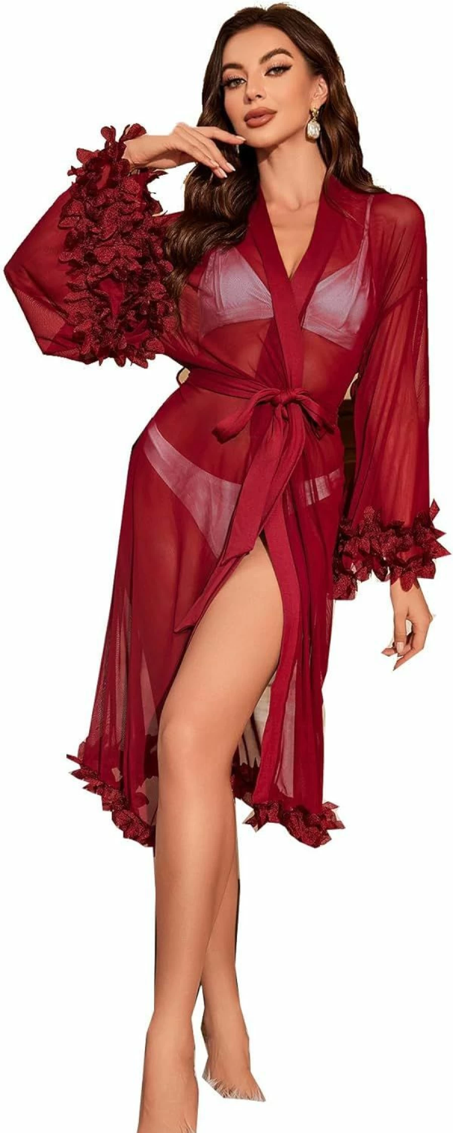 OYOANGLE Women's Floral Lace Trumpet Sleeve Belted Robe Bridal Nightgown Sheer Mesh Wedding Lingerie Sleepwear
