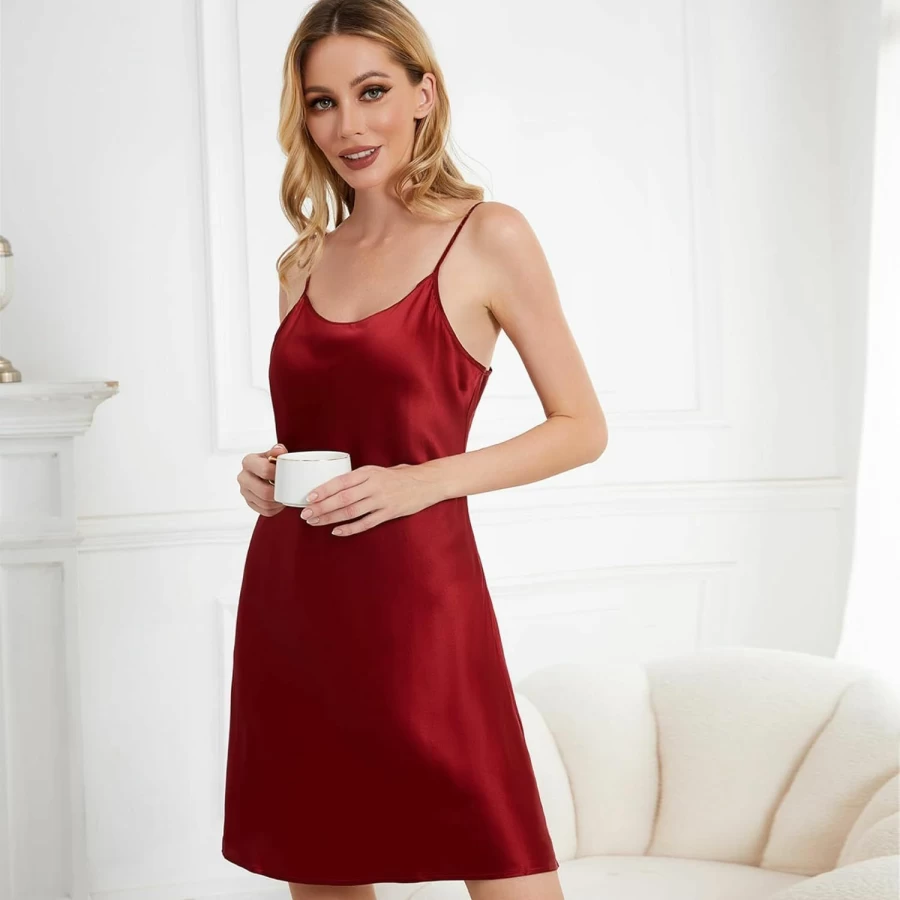 THXSILK 100% Mulberry Silk Nightgown for Women - Sexy Spaghetti Strap Sleepwear, Round Neck Short Slip Dress
