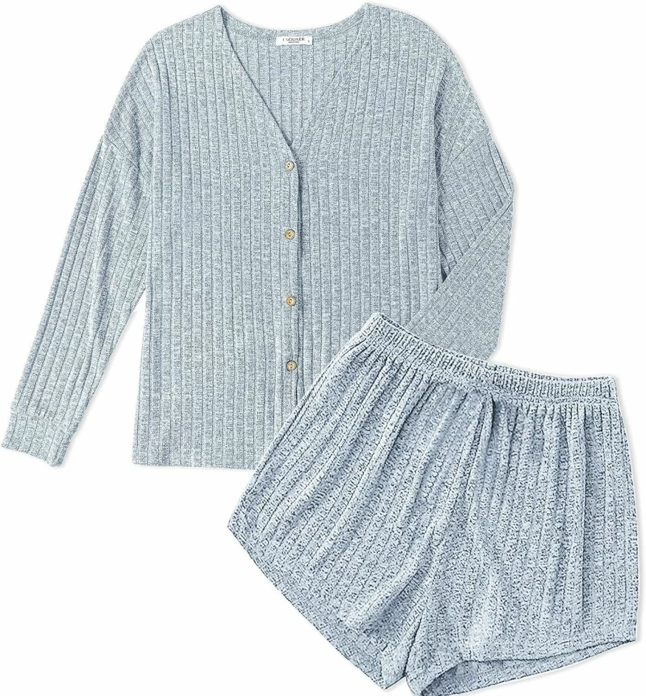 Ekouaer Women's Soft Ribbed Knit Pajama Set - Long Sleeve Button-Down Shirt & Shorts 2-Piece Comfortable Loungewear