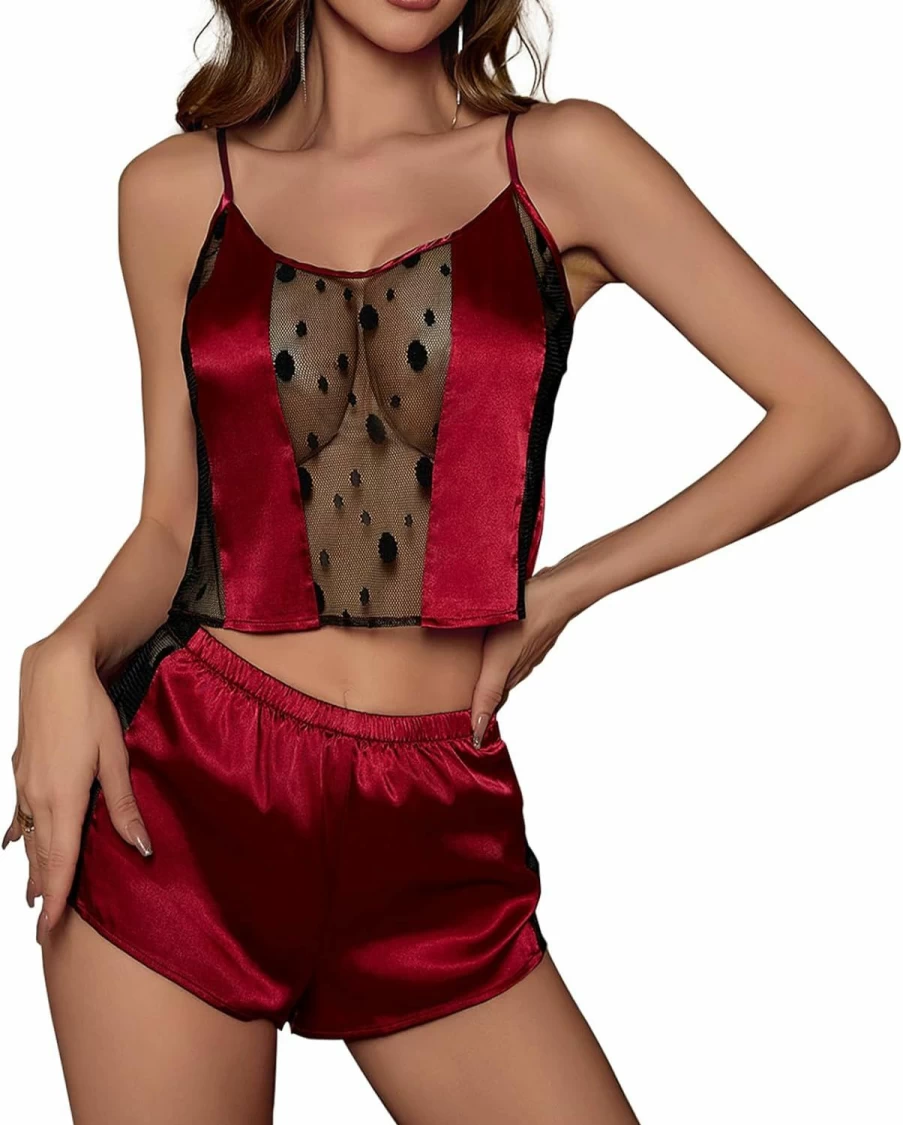 "Elegant Lace Pajama Set For Women - Silk Satin Sleepwear Camisole & Shorts 2-Piece Nightwear"