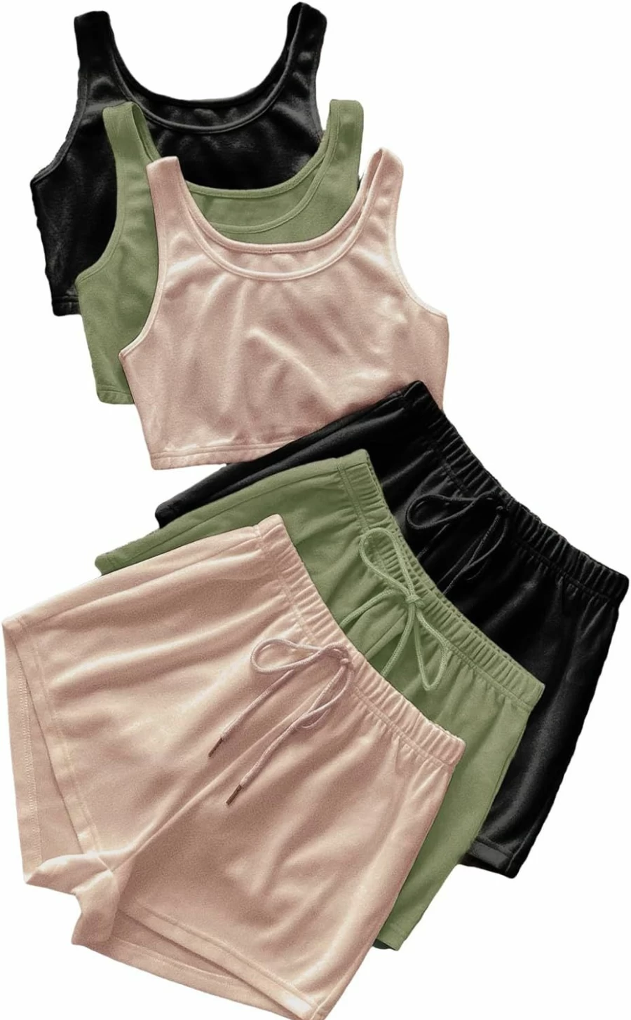 GORGLITTER Women's 6-Piece Loungewear Set - Crop Tank Top & Elastic Waist Shorts Comfy Outfit