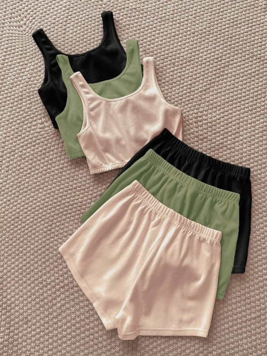 GORGLITTER Women's 6-Piece Loungewear Set - Crop Tank Top & Elastic Waist Shorts Comfy Outfit