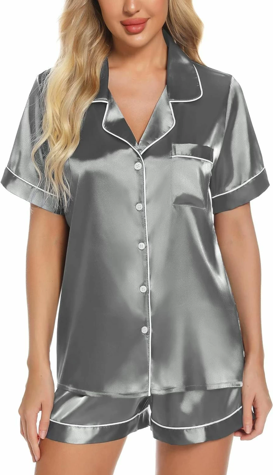 Anjue Women's Silk Satin Pajama Set - Short Sleeve Button-Down Top & Shorts Sleepwear - Soft Two-Piece PJ Set (Sizes S-XXL)