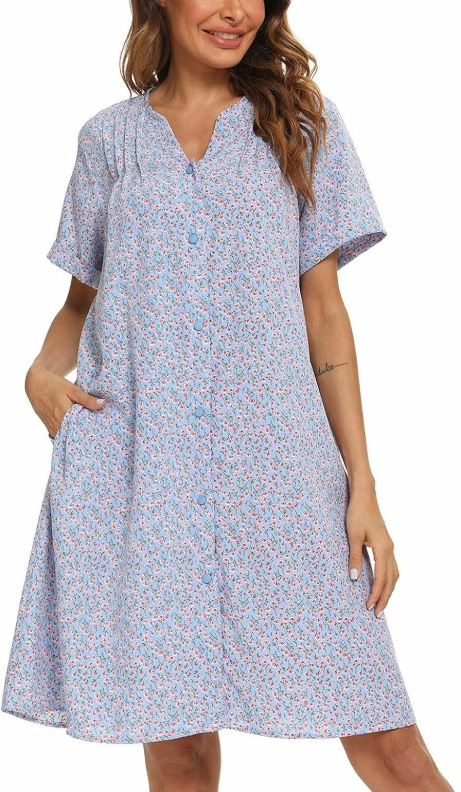 YOSWD Women's Comfortable Short Sleeve House Dress with Pockets - Casual Duster Housecoat & Nightgown