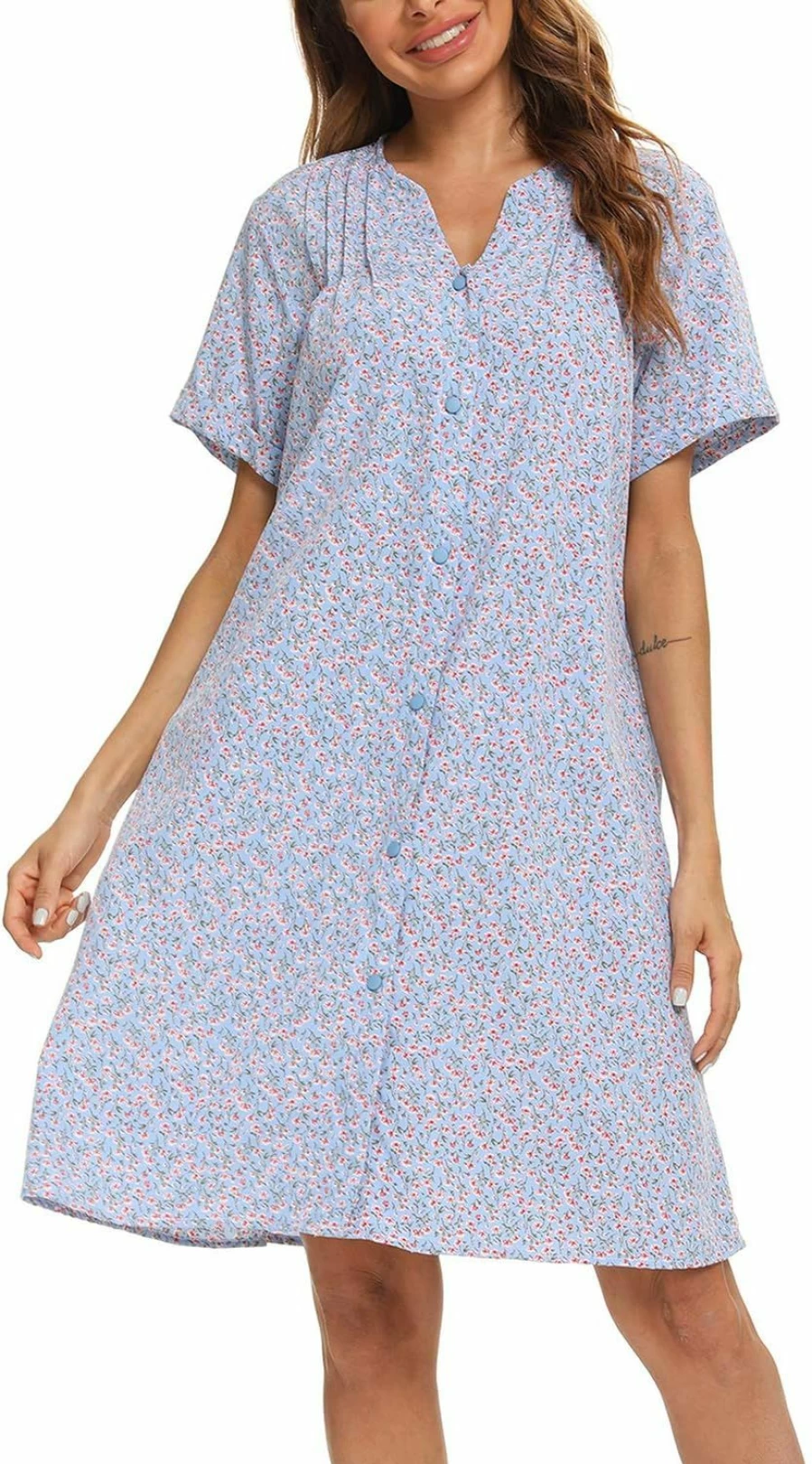 YOSWD Women's Comfortable Short Sleeve House Dress with Pockets - Casual Duster Housecoat & Nightgown