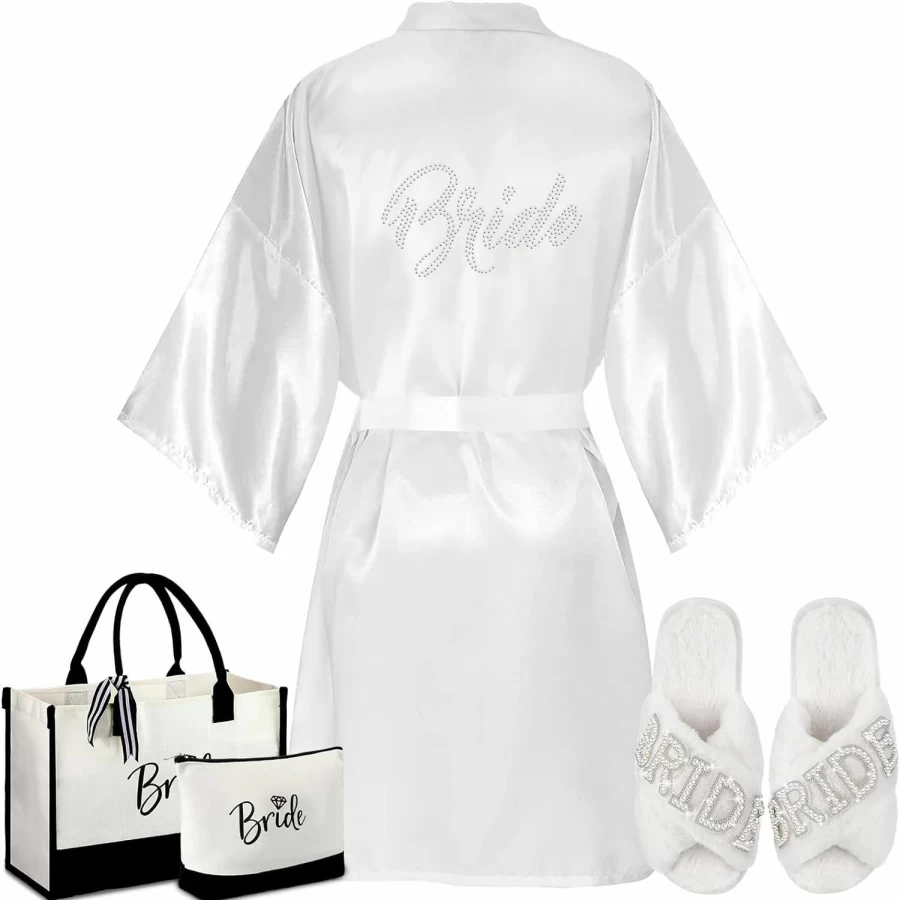"Bunnycool 4-Piece Bridal Shower Gift Set - Bride Robe, Slippers, Canvas Tote Bag & Makeup Bag for Wedding Party"