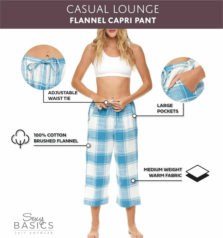 Sexy Basics Women's 3-Pack Flannel Capri Pajama Pants | Soft Cotton Sleep & Lounge Cropped Bottoms