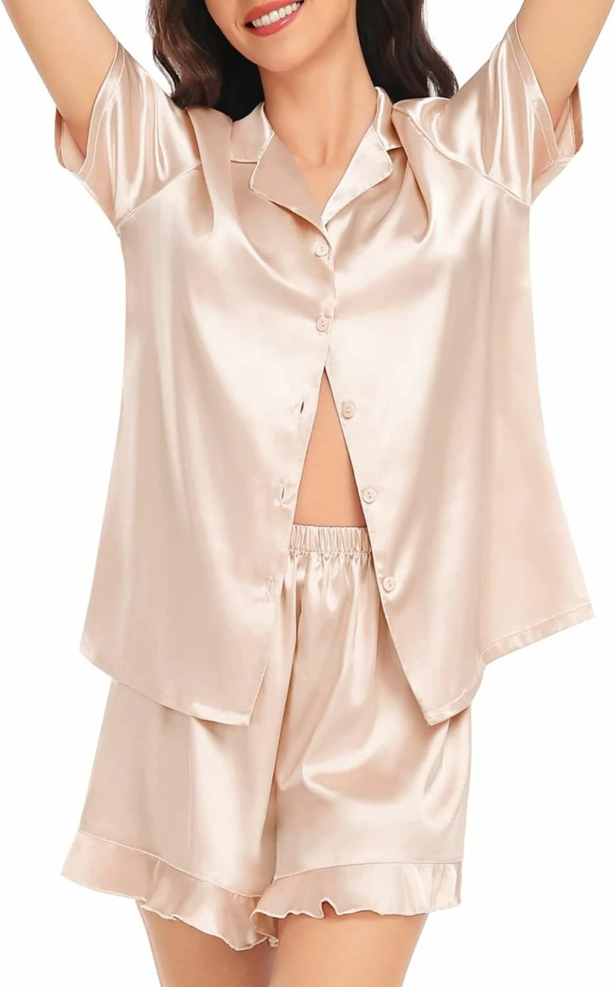 SWOMOG Women's Silk Satin Pajama Set - Short Sleeve Button Down Sleepwear with Ruffle Hem Shorts - Luxurious Two-Piece Loungewear for Comfort & Style