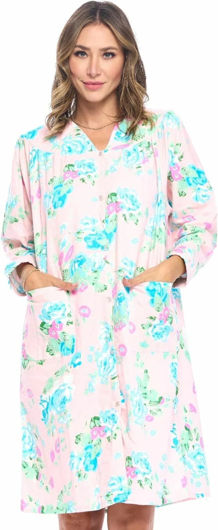 "Casual Nights Women's Floral Print Snap Front Flannel Lounge Dress Long Sleeve Duster Robe"