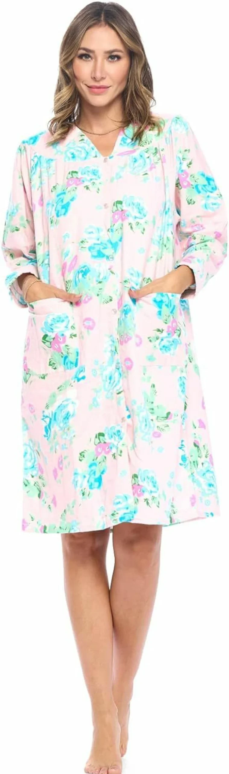 "Casual Nights Women's Floral Print Snap Front Flannel Lounge Dress Long Sleeve Duster Robe"