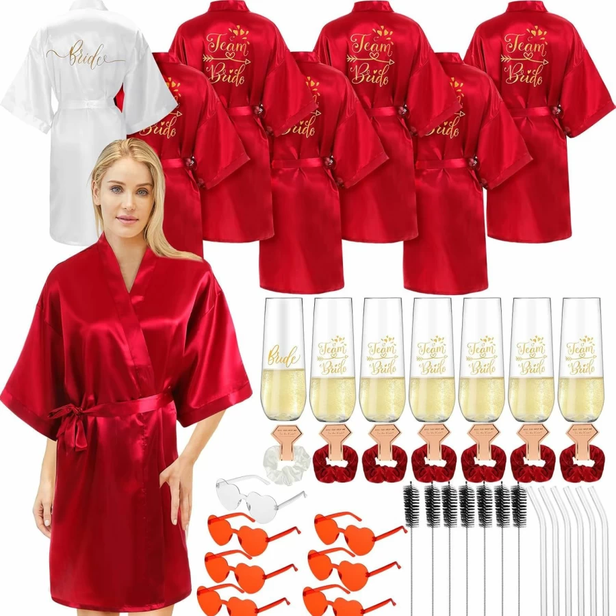 Panitay 42-Piece Bridesmaid Proposal Gift Set - Wedding Robes, Heart Sunglasses, Champagne Flutes & Scrunchies for Bride Squad
