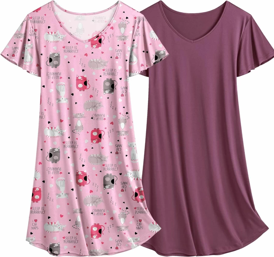Ekouaer Women's Sleepshirt Nightgown - 2 Pack Flare Short Sleeve V-Neck Sleepwear in Plain & Floral Print Pajama Dress