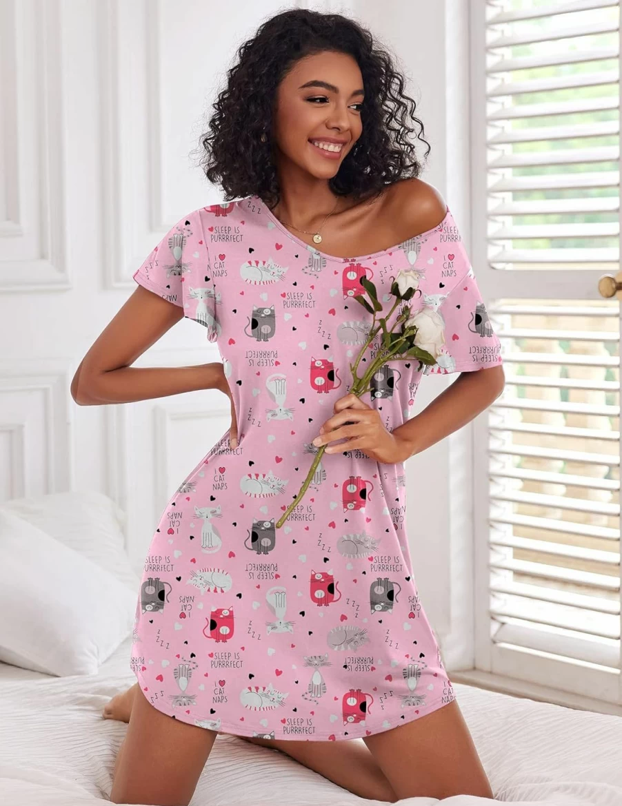 Ekouaer Women's Sleepshirt Nightgown - 2 Pack Flare Short Sleeve V-Neck Sleepwear in Plain & Floral Print Pajama Dress