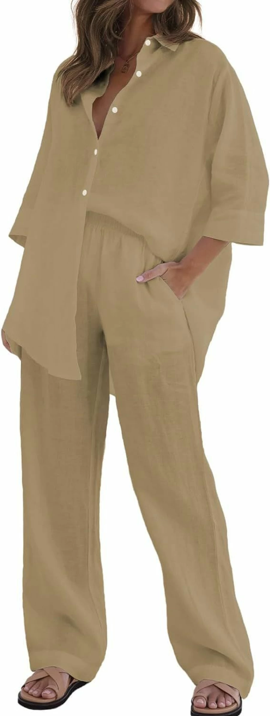 RAISECOM Women's Summer Pajama Set - 2 Piece Loungewear with Half Sleeve Button Down Shirt and Comfortable Long Pants for Casual Wear