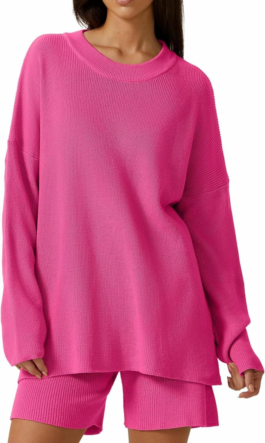 QINSEN Women's Long Sleeve Pullover Sweater and Shorts Lounge Set - Comfortable Two-Piece Loungewear