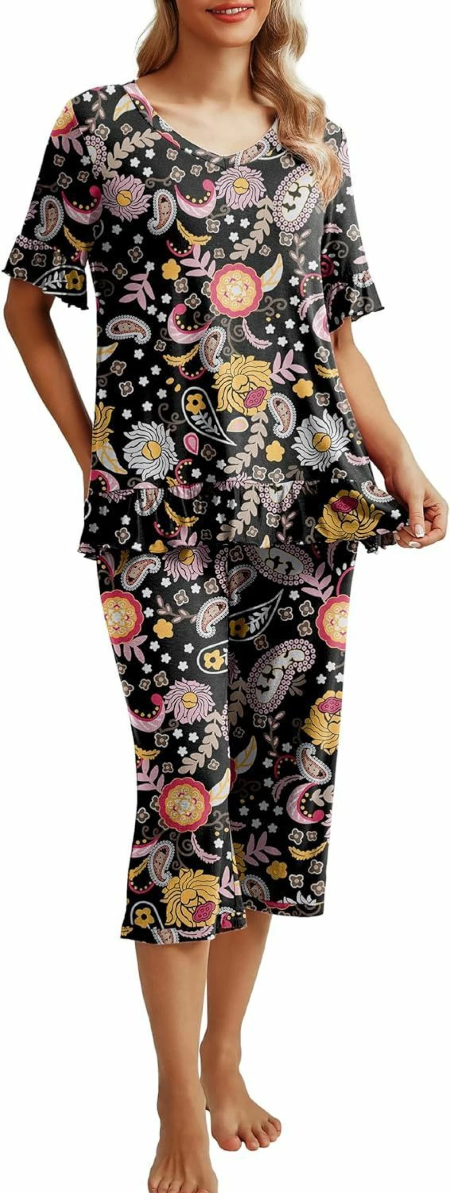 PrinStory Women's Summer Pajama Set - Short Sleeve Shirt & Capri Pants with Pockets - Comfortable Sleepwear PJs