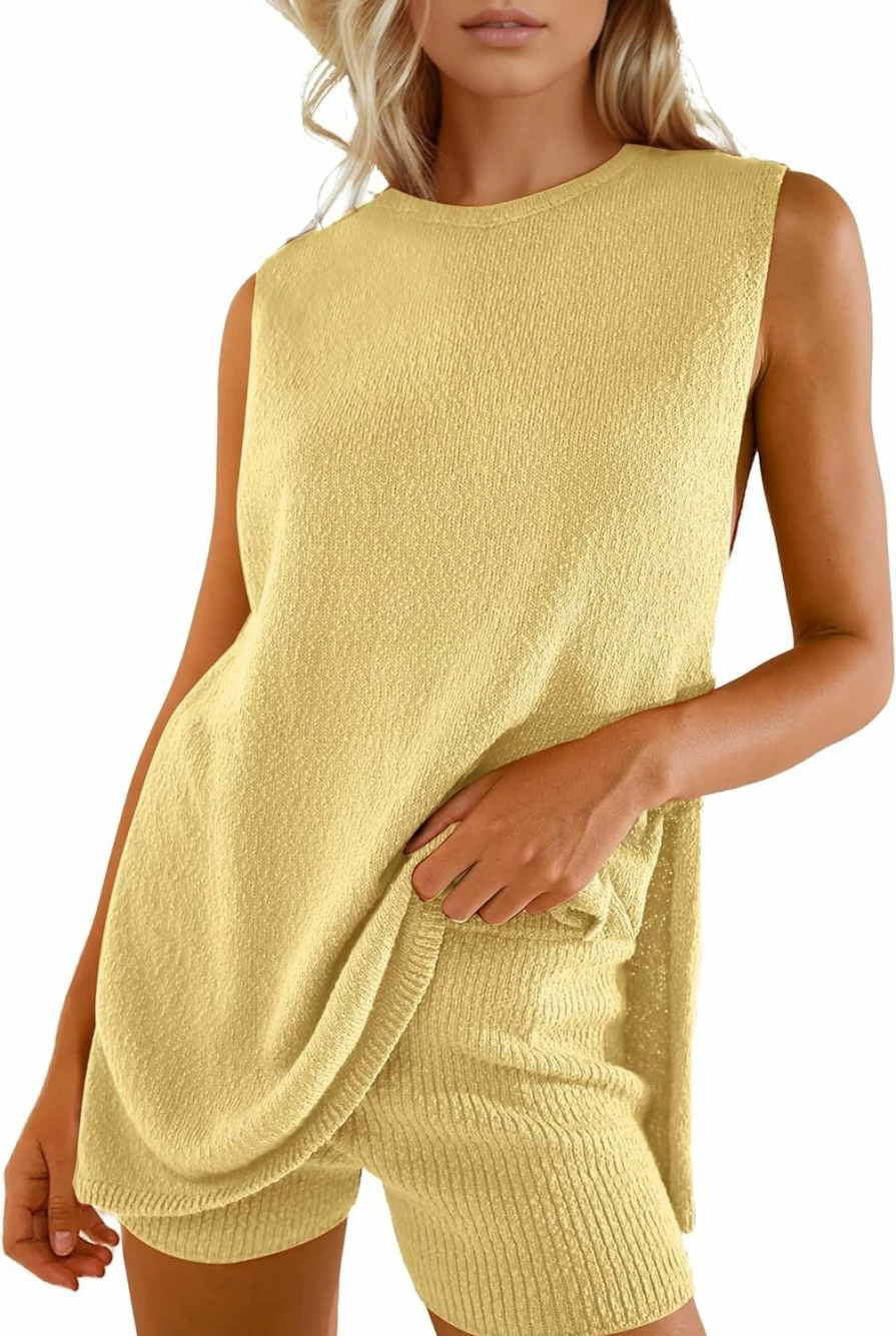 QIBABU Women's Summer Sleeveless Knit Pajama Set - 2 Piece Loungewear Outfit with Tank Top & Shorts for Casual Comfort