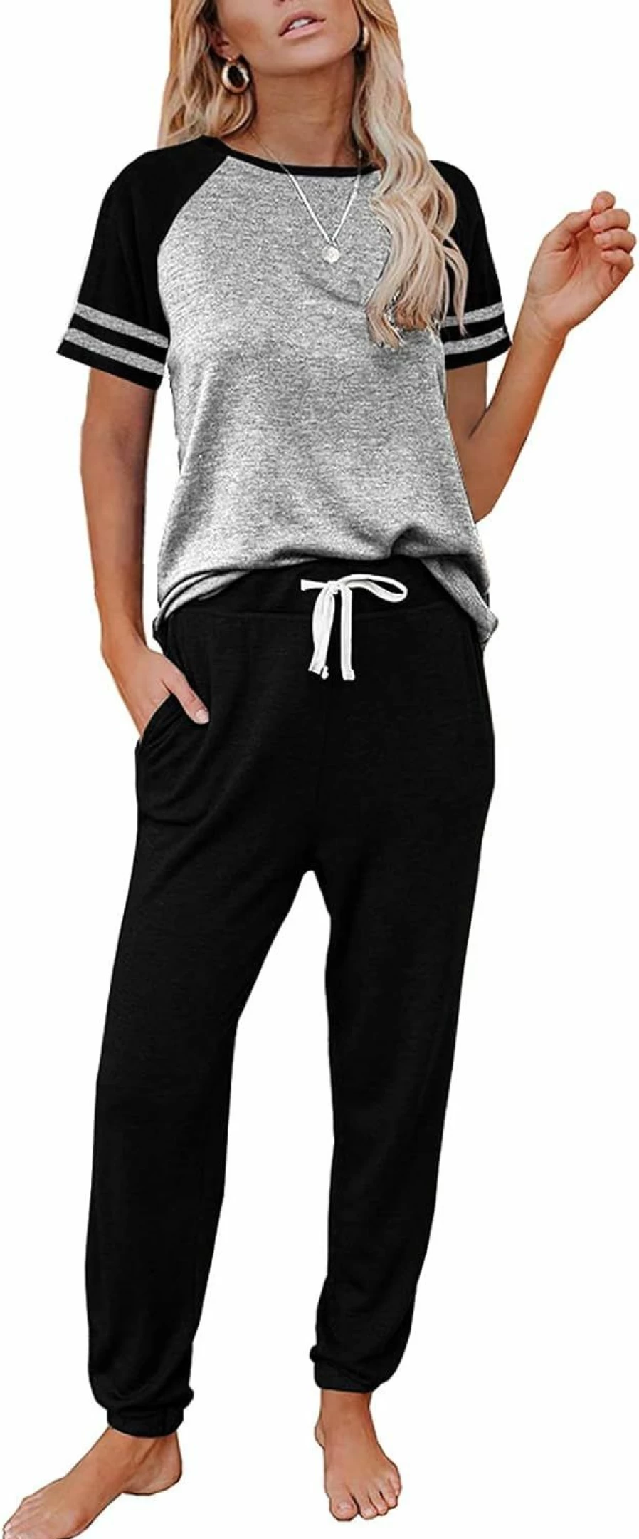 AUTOMET Women's Lounge Set - 2 Piece Loungewear Short Sleeve Crewneck Jogger Pajama & Sweatpants Tracksuit Outfit