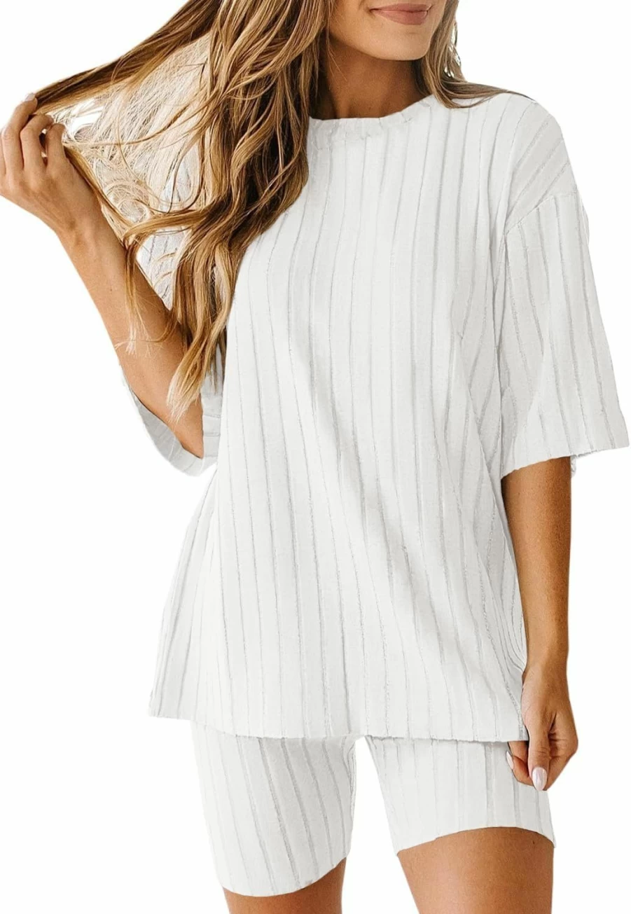 Fazortev Women's Ribbed Knit 2-Piece Lounge Set - Short Sleeve Top & Stretchy Shorts Comfort Outfit
