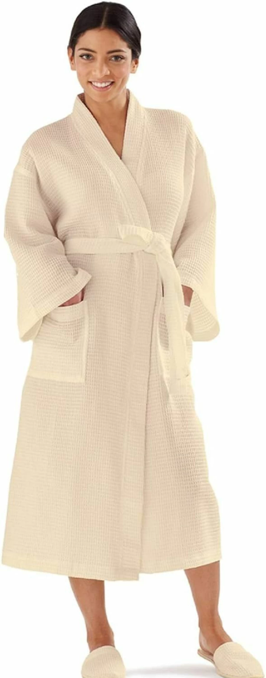 BOCA BT TERRY Women's Waffle Knit Robe - Long Cotton Kimono Bathrobe for Spa and Hotel Luxury