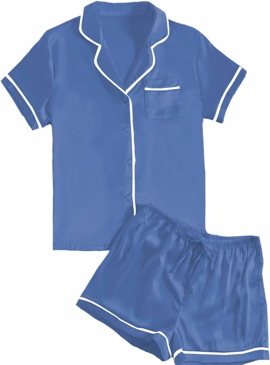 LYANER Women's Satin Pajama Set - Short Sleeve Button Down Shirt & Sleepwear Shorts - Silky Soft 2-Piece Lounge Set