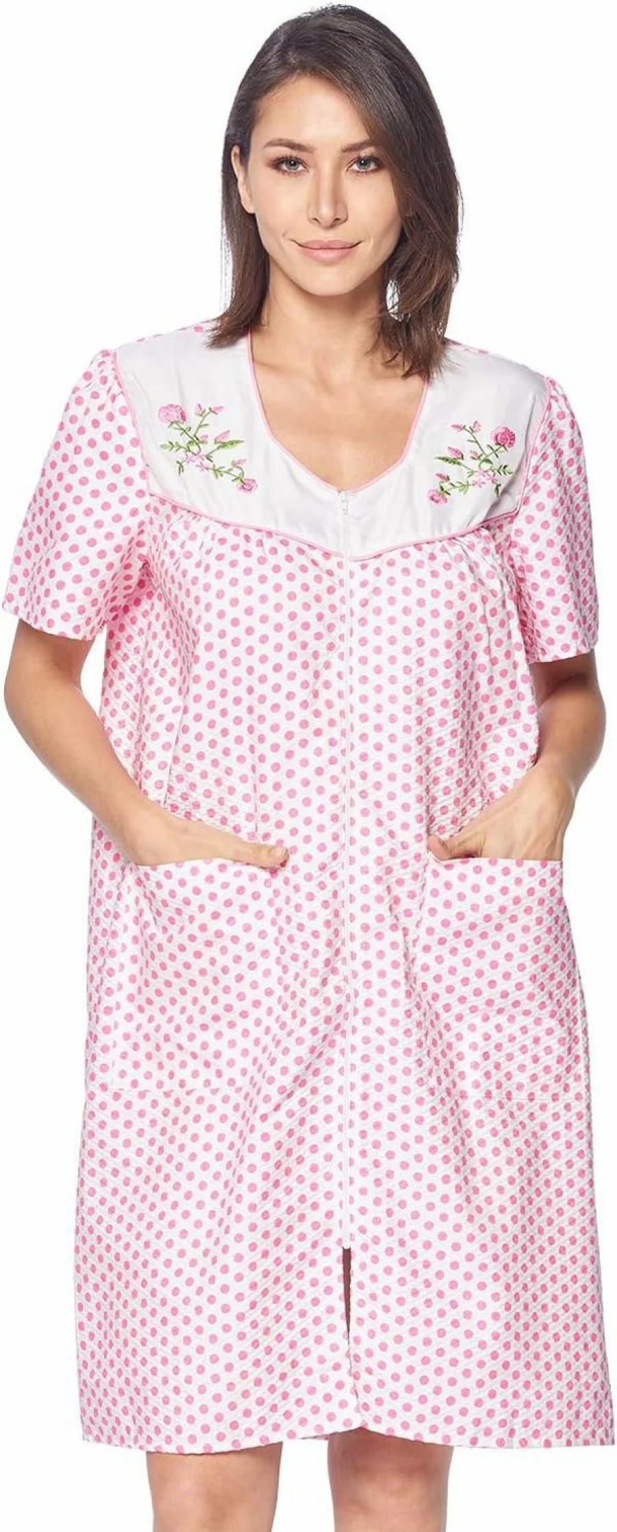 "Casual Nights Women's Short Sleeve House Dress with Front Zipper & Pockets - Comfortable Woven Duster Robe for Lounge"