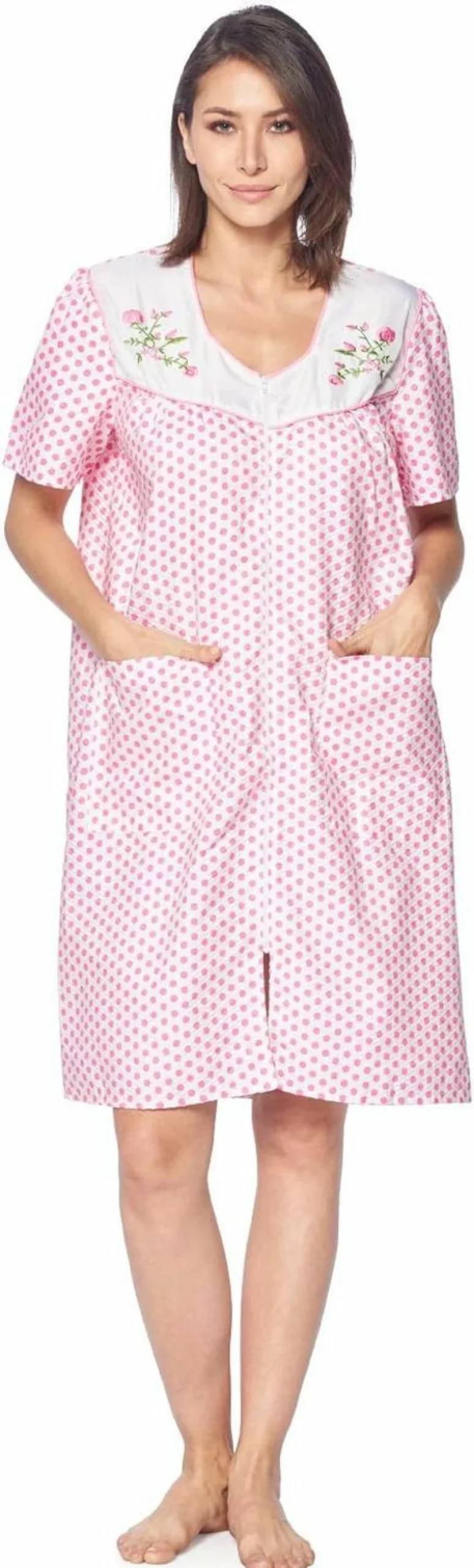 "Casual Nights Women's Short Sleeve House Dress with Front Zipper & Pockets - Comfortable Woven Duster Robe for Lounge"