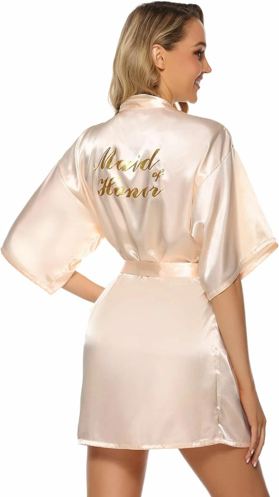 Vlazom Women's Satin Bridal Robe with Gold Glitter – Elegant Short Kimono Bathrobe for Bride & Bridesmaids, Wedding Party Loungewear