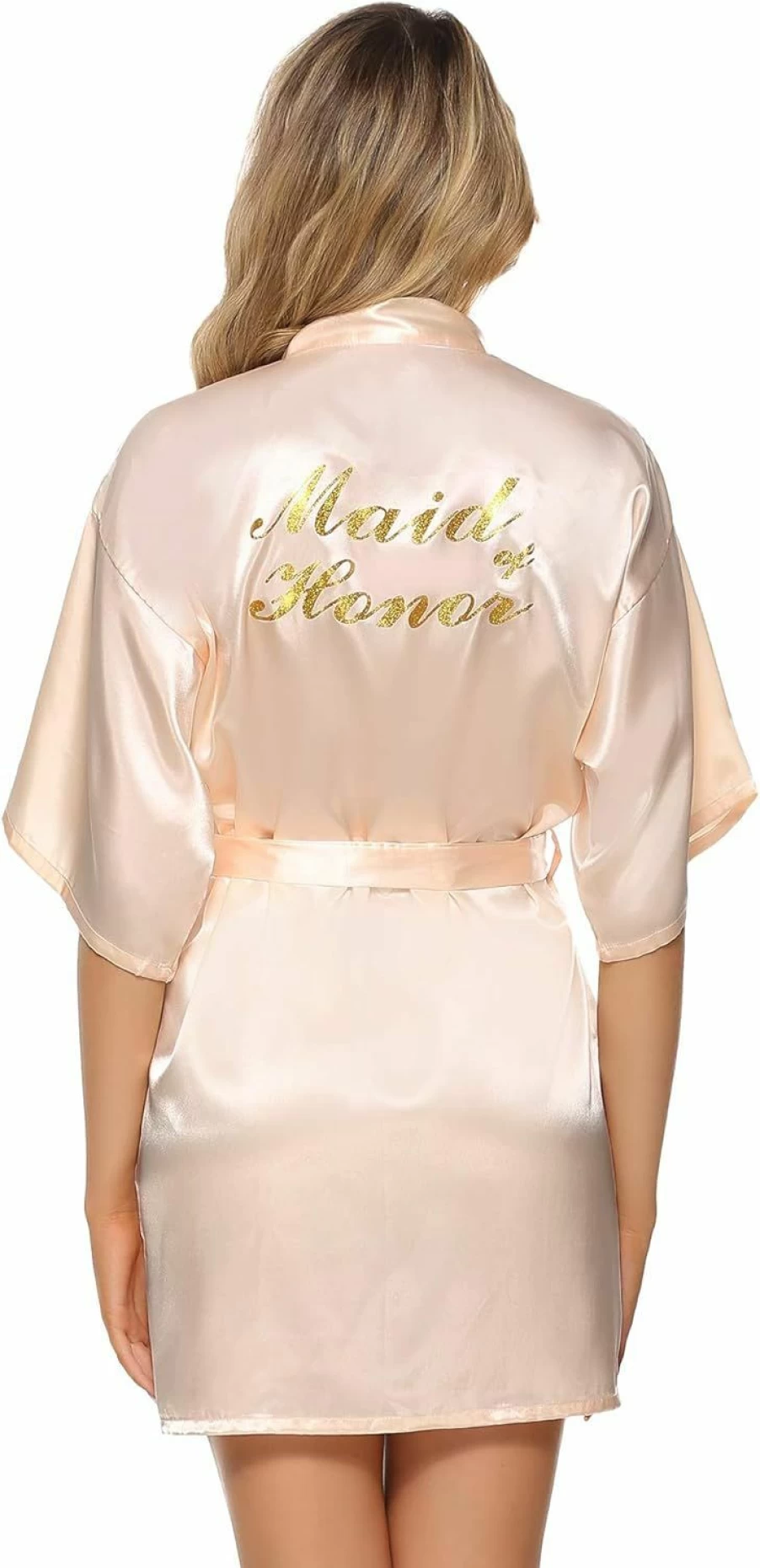 Vlazom Women's Satin Bridal Robe with Gold Glitter – Elegant Short Kimono Bathrobe for Bride & Bridesmaids, Wedding Party Loungewear