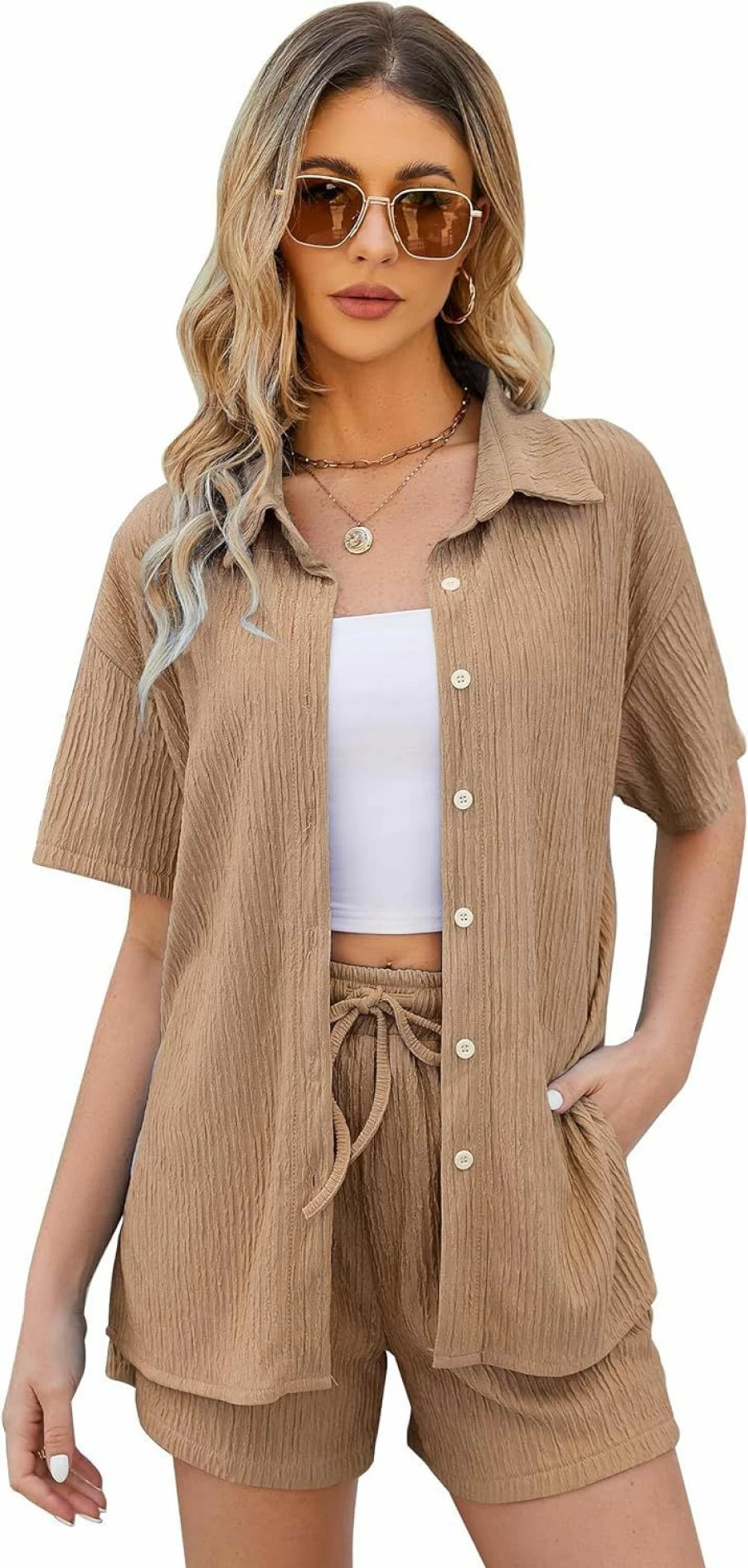 "COZYPOIN Women's Y2K Casual 2-Piece Set - Short Sleeve Button Down Blouse & High Waist Shorts Summer Loungewear Outfit"