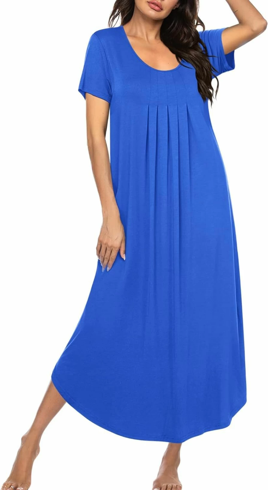 Ekouaer Women's Soft Pleated Sleep Dress - Short Sleeve Long Nightgown for Lounge & Nightwear