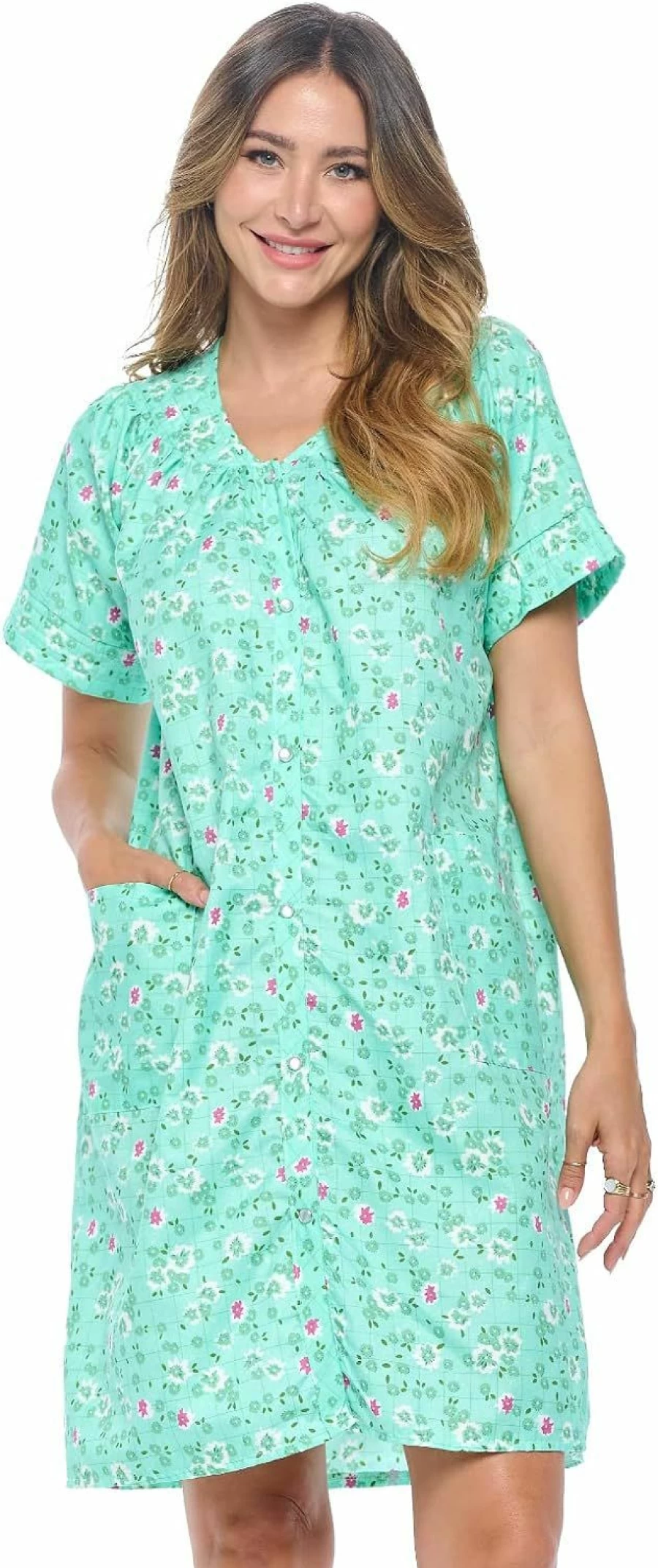 "Casual Nights Women's Snap-Front Lounge Dress - Short Sleeve Woven Housecoat with Pockets - Comfortable Duster Robe for Home"