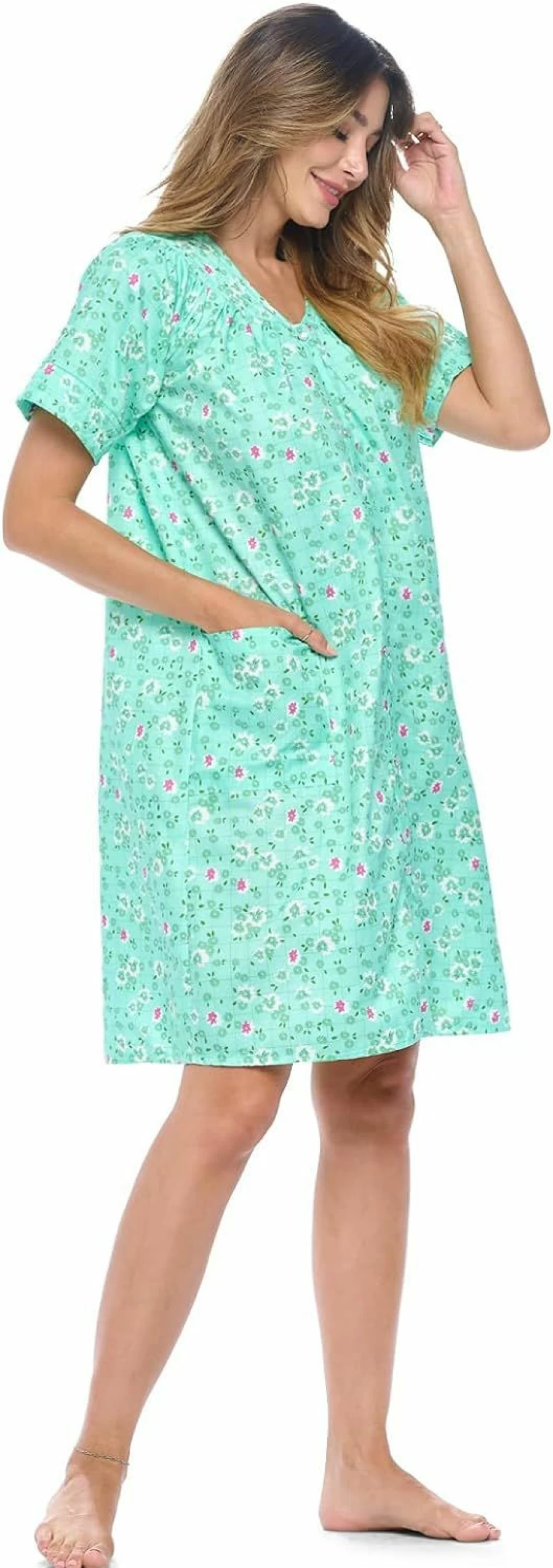 "Casual Nights Women's Snap-Front Lounge Dress - Short Sleeve Woven Housecoat with Pockets - Comfortable Duster Robe for Home"