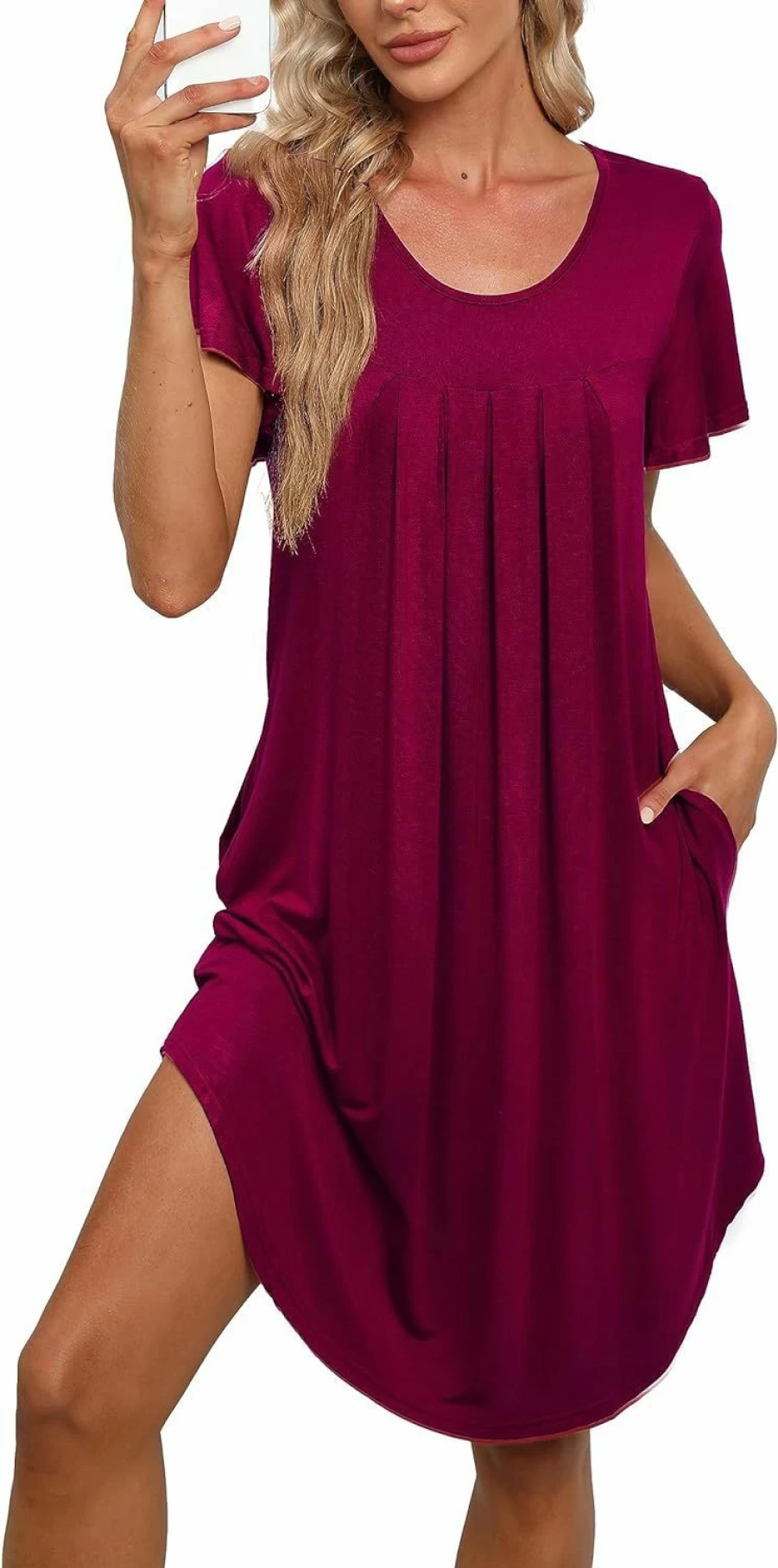Bestshow Women's Comfortable Pleated Loose Fit Short Sleeve Nightgown House Dress with Pockets - S to 5XL Sizes