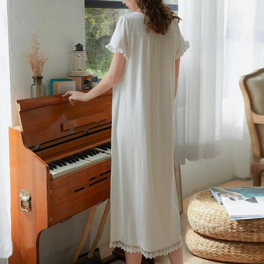 Lu's Chic Victorian Cotton Nightgown for Women - Elegant Short Sleeve Sleepwear & Loungewear