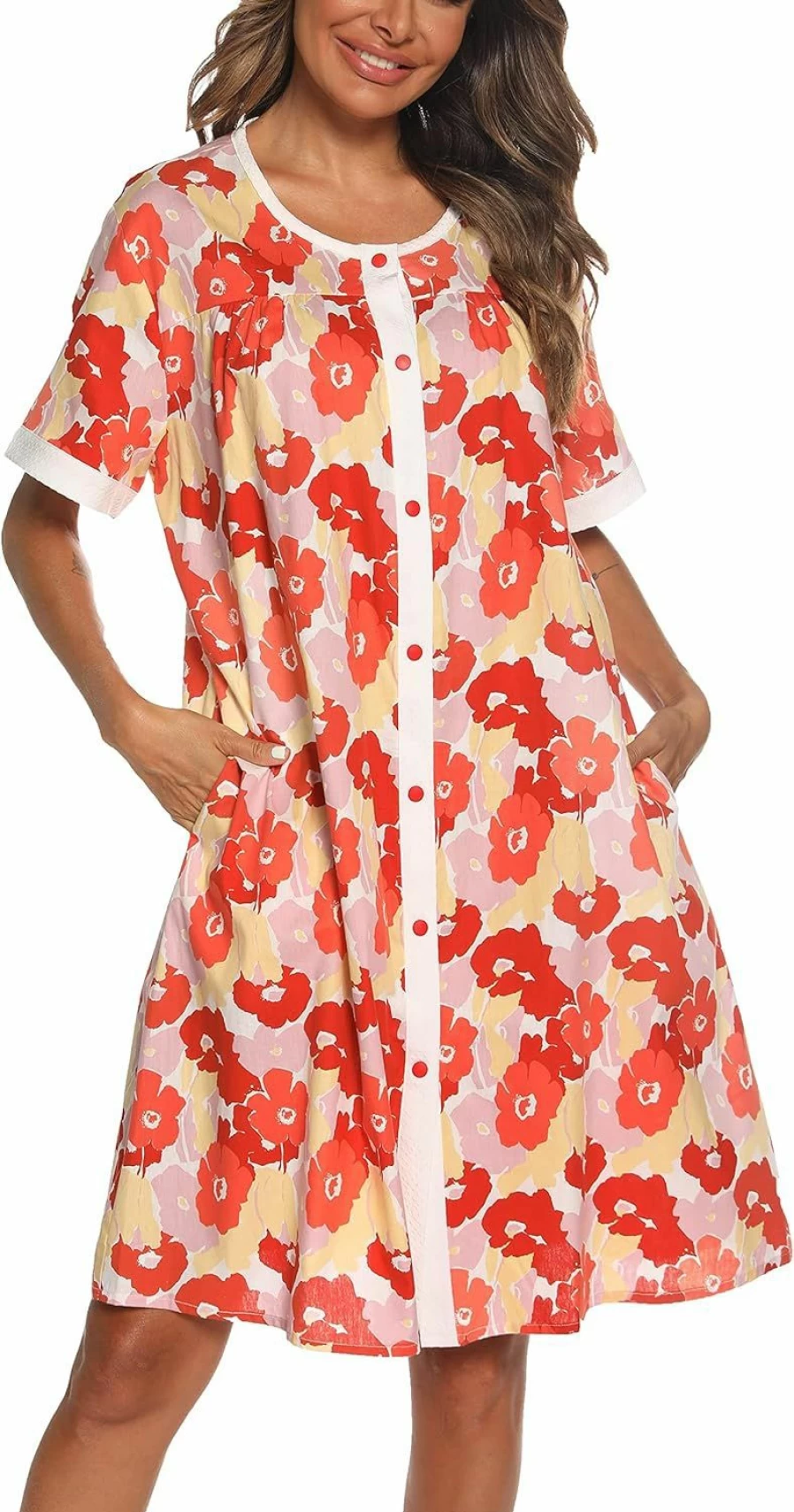 YOZLY Women's Short Sleeve House Dress - Button Down Duster Robe Nightgown Casual Loungewear S-XXL