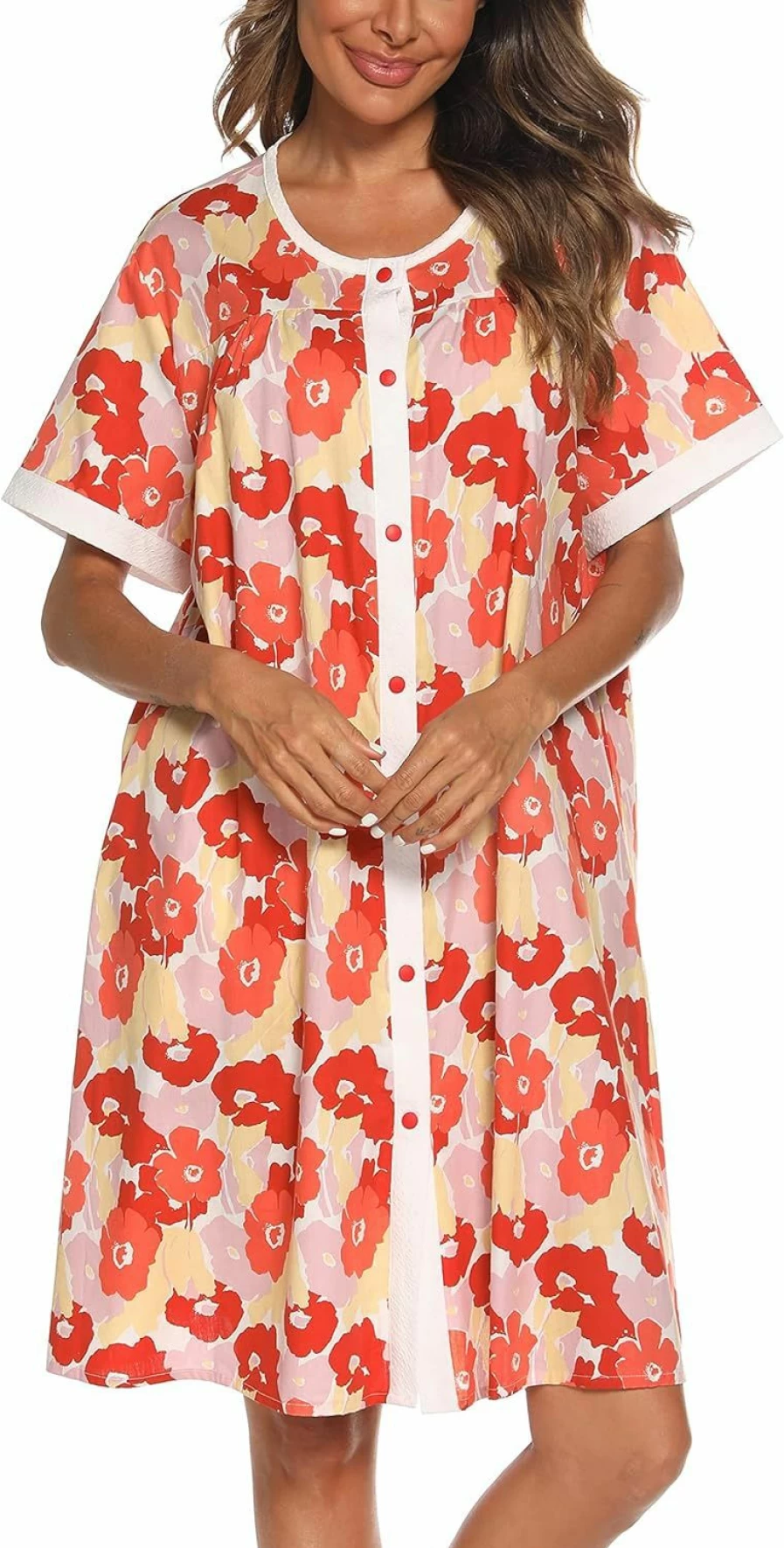 YOZLY Women's Short Sleeve House Dress - Button Down Duster Robe Nightgown Casual Loungewear S-XXL