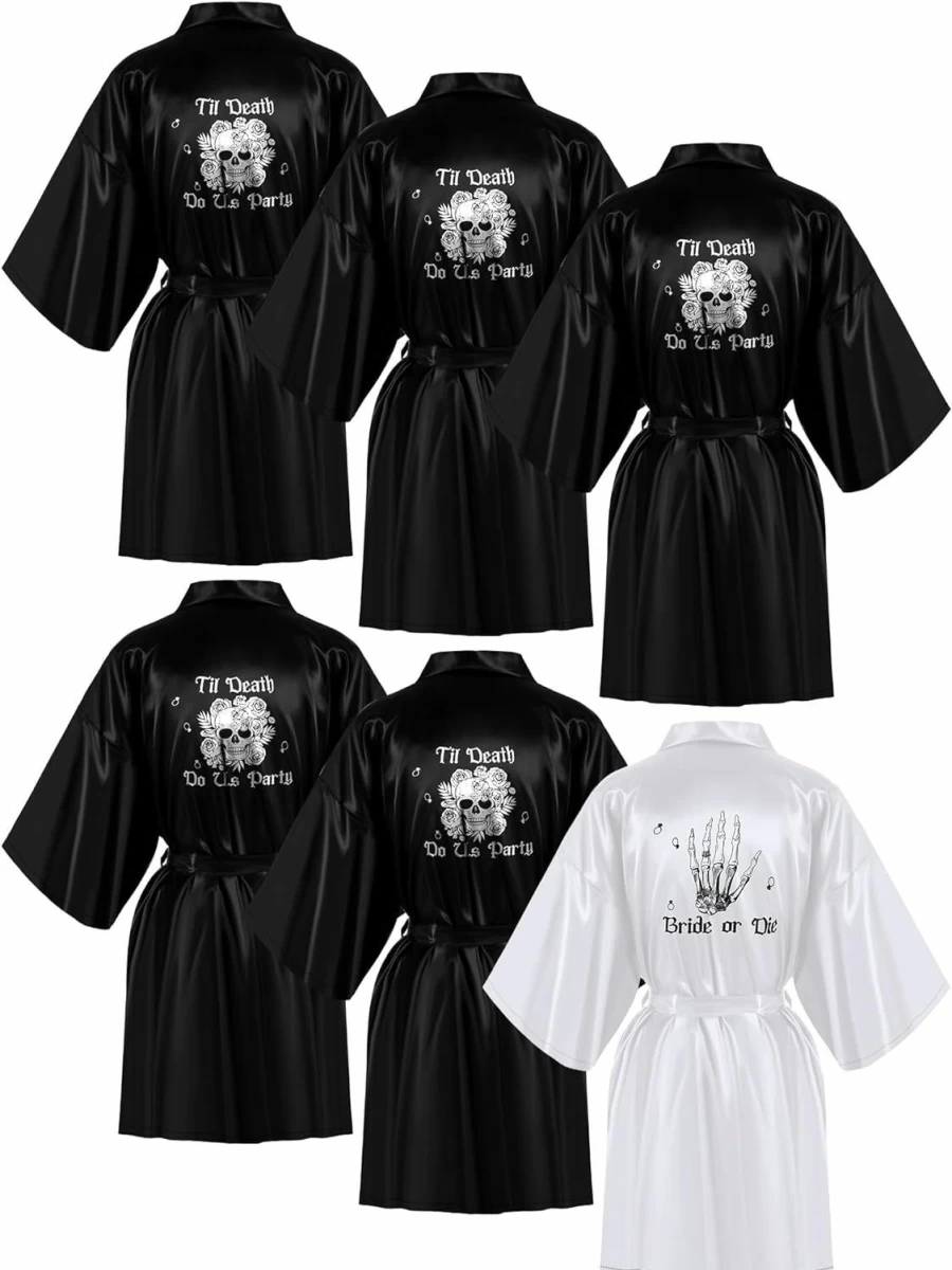 "Panitay 6 Pcs Gothic Bridesmaid Robes - Skull Print Bride or Die Bachelorette Party Dresses for Wedding Shower, Black & White Theme"