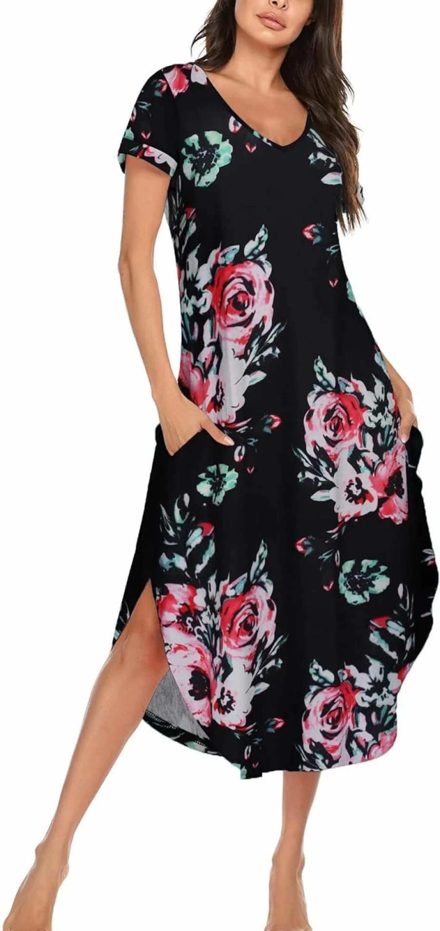 Ekouaer Women's Soft V-Neck Nightgown with Side Split Pockets - Comfortable Short Sleeve Sleepwear in Sizes S-3XL