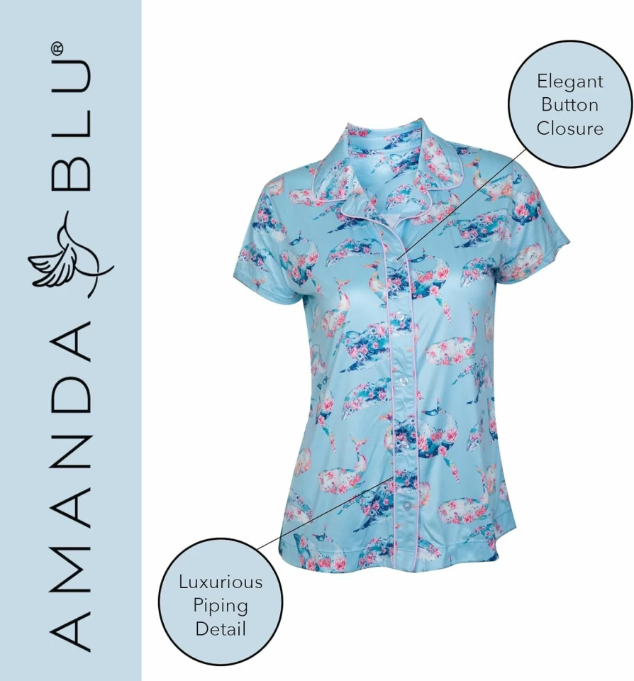 Amanda Blu Women's Classic Soft Pajama Set - Comfy Lounge Top & Wide Leg Shorts for Sleep & Relaxation