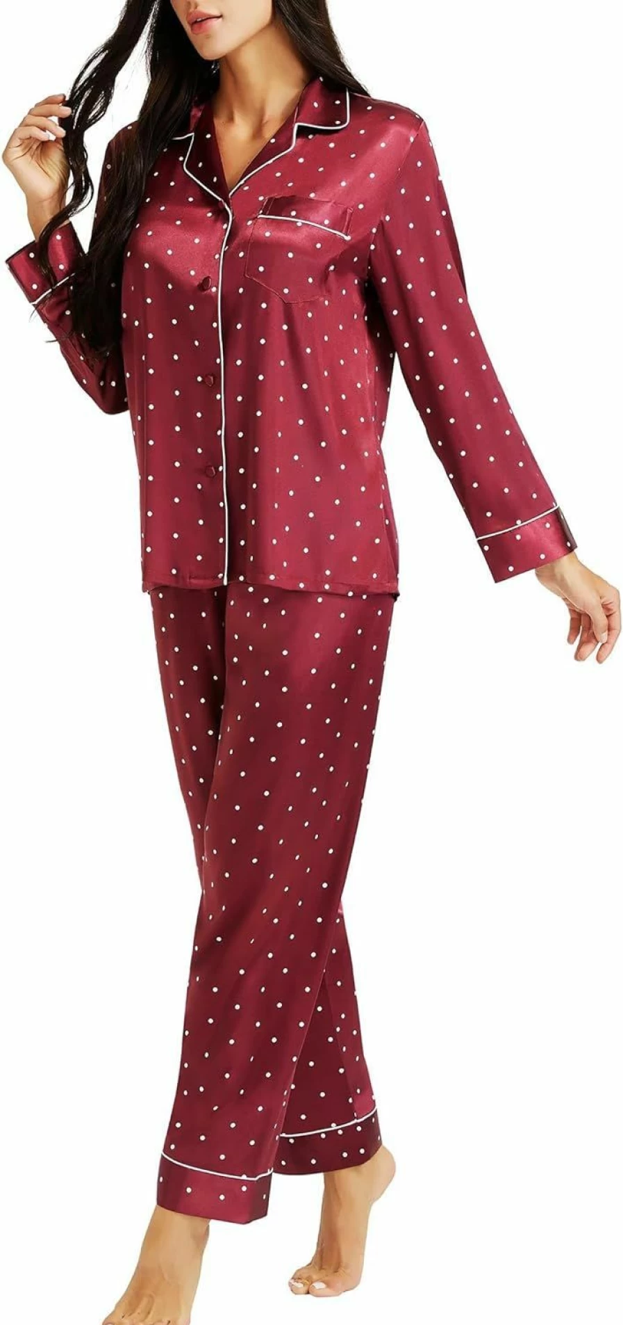 Lonxu Women's Silk Satin Pajama Set - Button Down Sleepwear & Loungewear in XS to 3XL Sizes