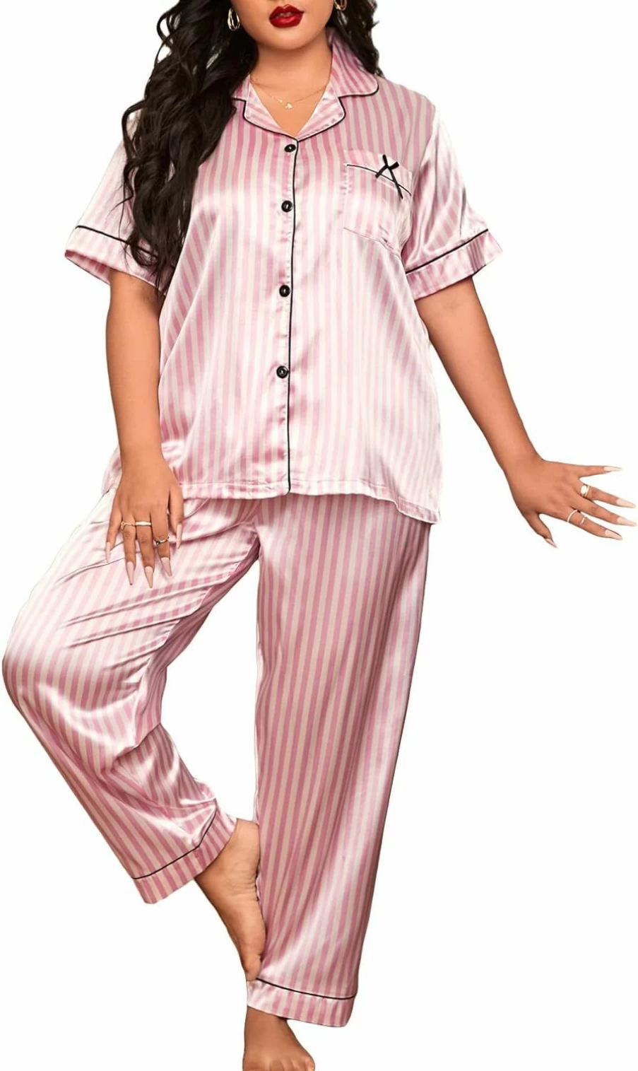 OYOANGLE Women's Plus Size Satin Pajama Set - Short Sleeve Button Down Sleepwear & Lounge Pants Set