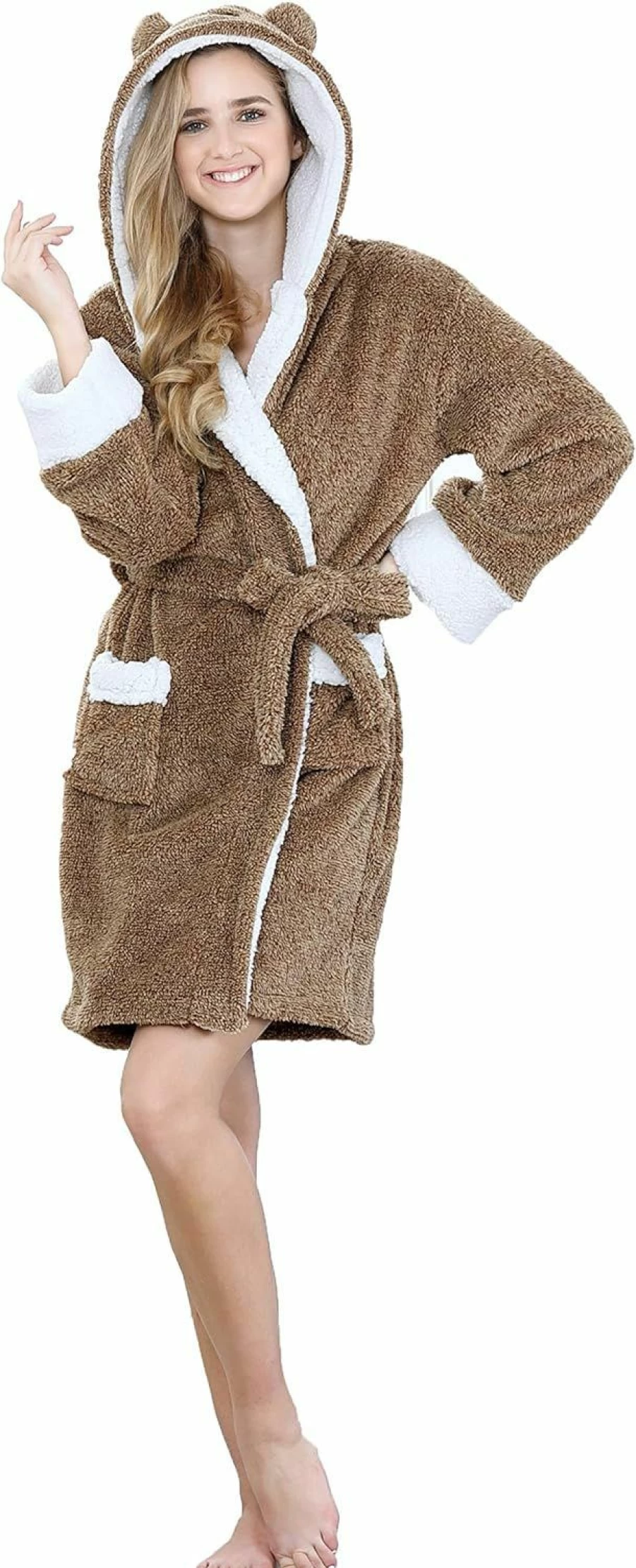 TIMSOPHIA Women's Soft Koala Plush Robe with Hood - Cozy Warm Animal Print Bathrobe for Women, Perfect Gift Idea