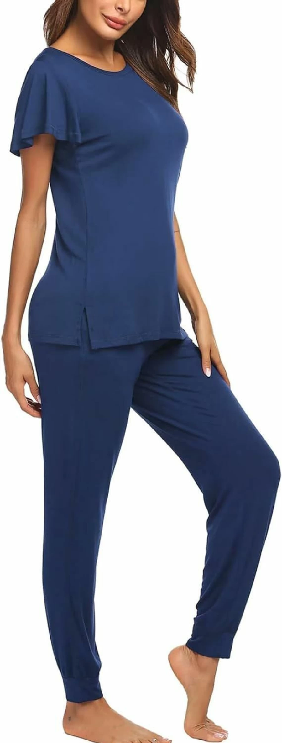 Ekouaer Women's Soft Sleep Pajama Set - Short Sleeve Top & Long Pants with Pockets, Comfortable Lounge & Sleepwear PJs